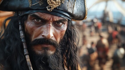 Fototapeta premium Portrait of a pirate navigator in the waters of the Caribbean in the 17th century. Pirate with a thick black beard and a terrible appearance.