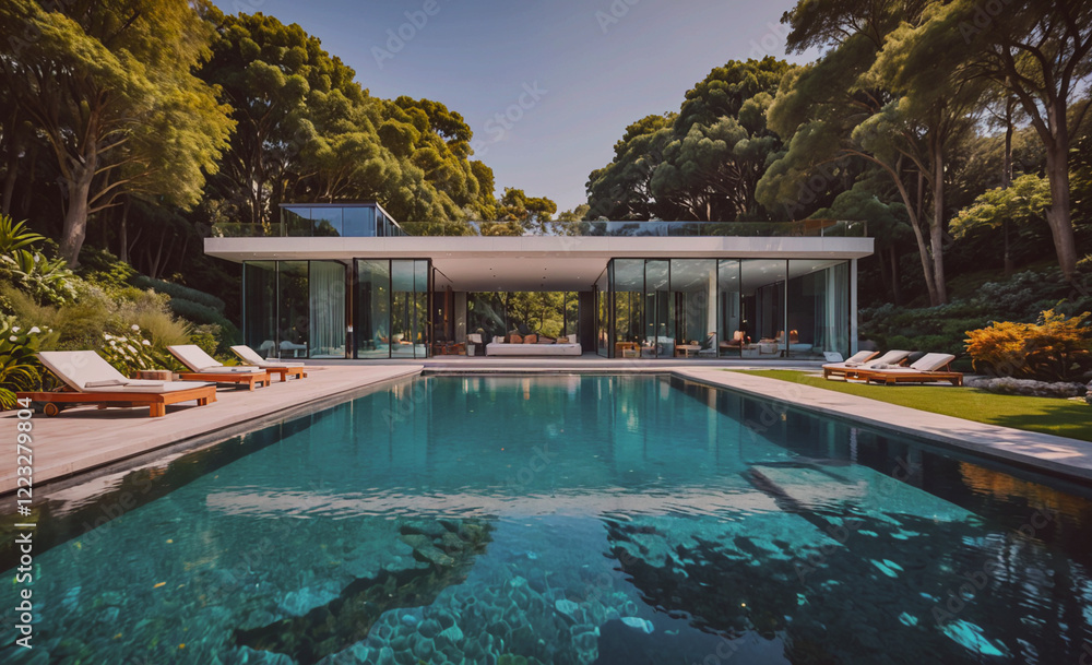 Aufkleber a large pool with a house in the background. the pool is surrounded by a lush green forest