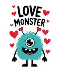 Cute Love Monster Illustration with Hearts for Valentine’s Day.
