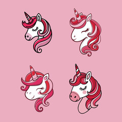 Cute Unicorn Head Illustrations Set for Kids T-Shirts and Prints.