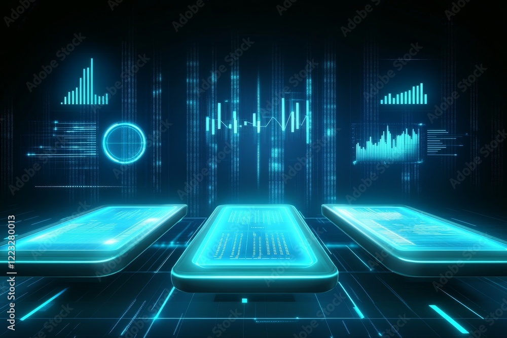 Poster futuristic technology displaying data on sleek devices