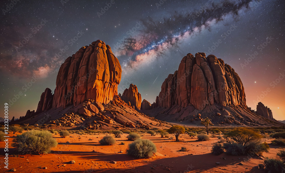 Wall mural the sky is filled with stars and the moon is shining brightly. the mountains in the background are c