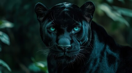 Majestic black panther staring intently in lush greenery