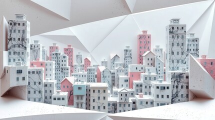 Abstract Cityscape with Geometric Shapes and Pastel Colors