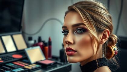 Professional makeup studio with a model