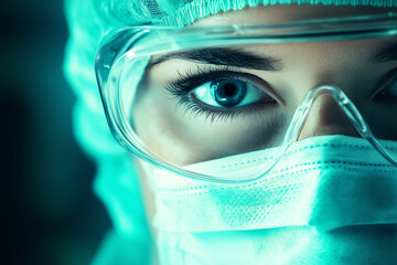 Close-up of one part of a doctor’s face wearing a protective suit, mask, and glasses, in a laboratory setting.