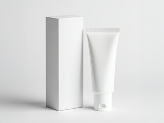 Naklejka premium toothpaste mockup concept. A minimalist white tube and box on a light background, ideal for cosmetic or skincare product packaging.