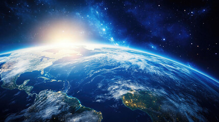 Fototapeta premium View of Earth from space with the sun rising over the horizon in a stunning cosmic landscape