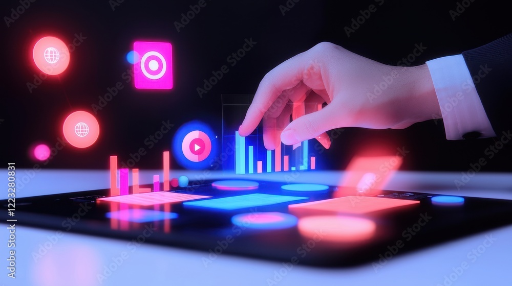 Poster futuristic hand interaction with data visualizations