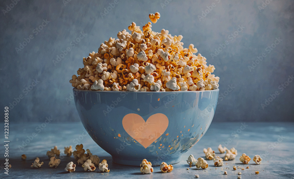 Poster a bowl of popcorn with a heart on it. the bowl is full of popcorn and the heart is on the side