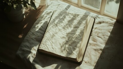 Sunlit open book with textured pages on a minimalist windowsill