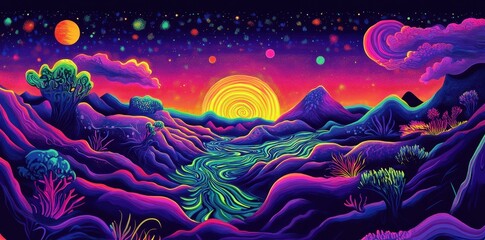 Vibrant Neon Landscape Under A Swirling Sunset