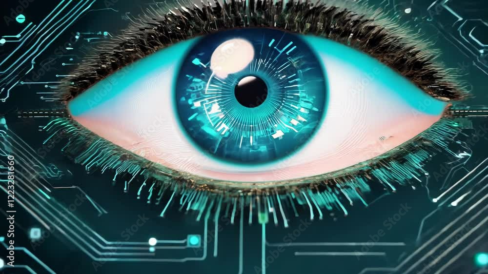 Poster Technology and science concept with cyber eye and circuit board depicting development of artificial intelligence or ai
