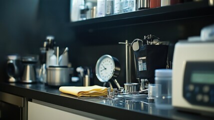 Clinical laboratory counter with equipment and supplies