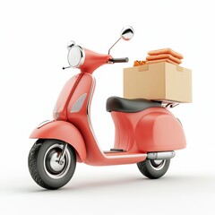 3D icon cartoon scooter with a food delivery box, isolated on a white background