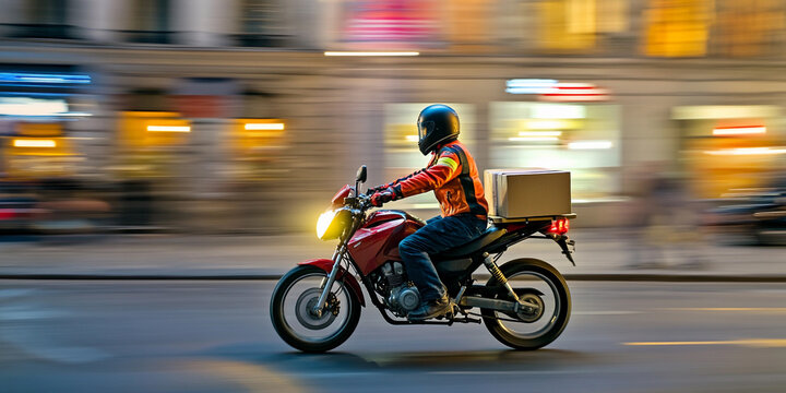 Motorcycle delivery rider on a busy city street at night