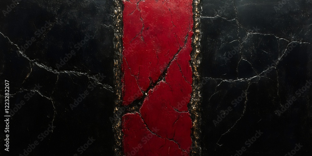 Poster black cracked texture background featuring a striking red stripe with golden edges, creating an eleg