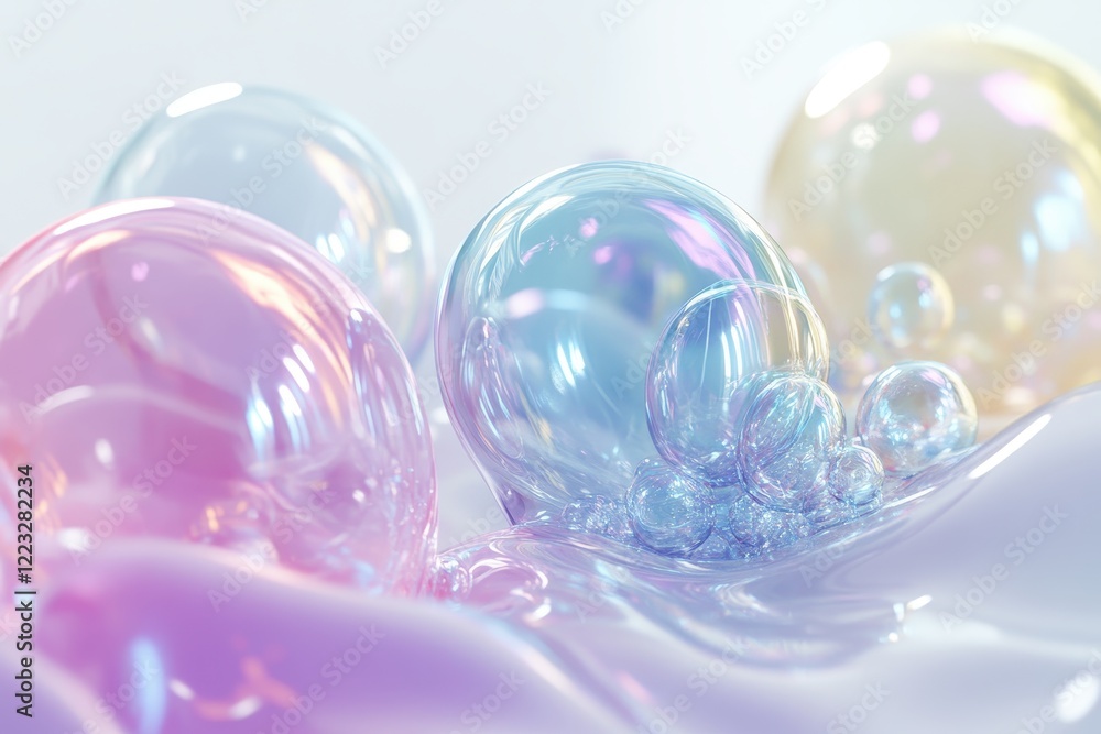 Poster colorful bubbles suspended in soft light create a whimsical and dreamy atmosphere during a bright an