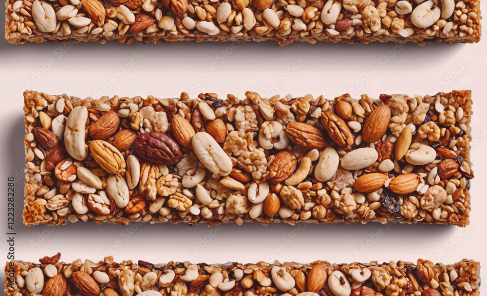 Poster A close up of a bar of granola with nuts on it. The nuts are scattered all over the bar, with some in the middle and others on the edges. The granola bar is a healthy snack option