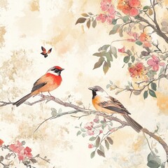 Fototapeta premium Two birds on a flowering branch, spring garden background, nature art print