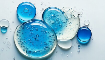 Shiny blue cosmetic drops on a white background — skincare and haircare product concept featuring collagen serum, hyaluronic acid, and shaving gel