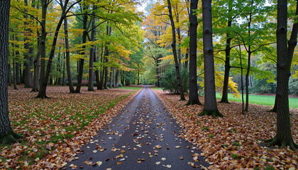 Naklejka premium Vibrant autumn pathway lined with colorful leaves, seasonal beauty