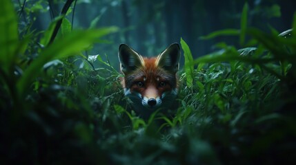 Naklejka premium Fox emerges from dark dense foliage with focus on its orange fur and intense gaze in the forest