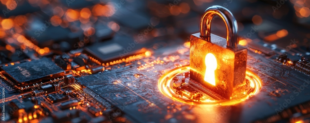 Poster digital security concept with lock on circuit board