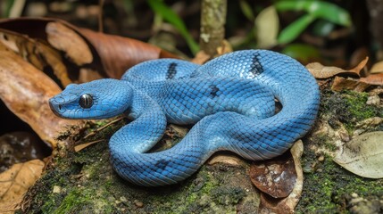 Blue viper resting on forest floor displaying vibrant scales and reptilian elegance