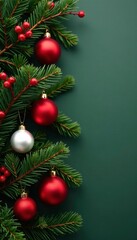 Obraz premium Red and white ornaments scattered on a lush green evergreen branch, red, branch, berries