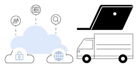 Cloud with icons of users, media, search. Connected with world, lock symbols. Delivery truck and laptop. Ideal for technology, logistics, global connectivity security digital media data