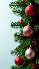 Red and white ornaments scattered on a lush green evergreen branch with matching red berries, holiday, festive