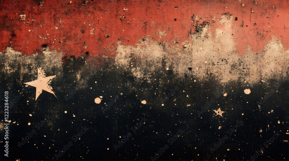Poster grunge metal surface displaying weathered star pattern, rust colored paint splatters creating textur