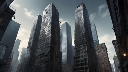 Fototapeta premium Dark and Mysterious City with Towering Buildings Shrouded in Shadows 