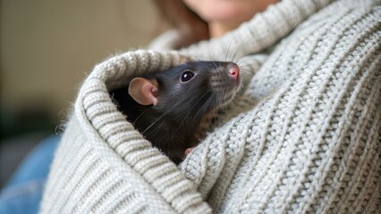 Small black rat in the sleeve of a woolen sweater, a pet peeking out of the sleeve, portrait of a rodent