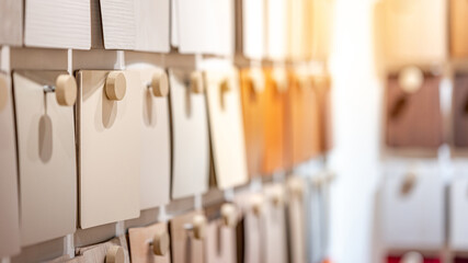 Wooden laminate samples collection in material library. Furniture finishing decoration and interior...