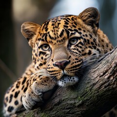 Fototapeta premium Leopard at Rest, a serene moment of a leopard lounging on a tree branch, showcasing its majestic fur and calm demeanor in natural surroundings