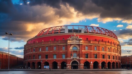 A historic brick arena with decorative arches and a red roof,