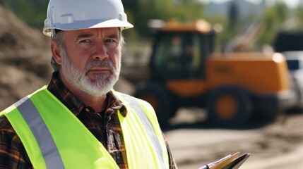 Fototapeta premium A close-up portrait of a construction foreman in a hard hat and reflective vest, holding a clipboard with construction vehicles in the background, Construction site management scene