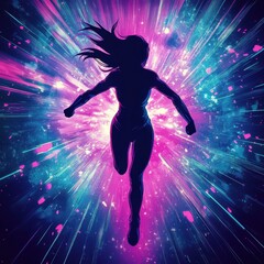 Fototapeta premium Woman Silhouette Running Through Neon Light Burst