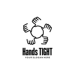 Logo design of five hands holding each other tightly in a circle with simple line symbol vector illustration