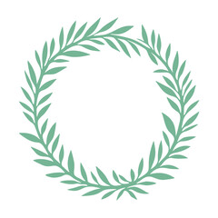 A circular wreath made of green leaves, featuring a symmetrical arrangement with a blank center