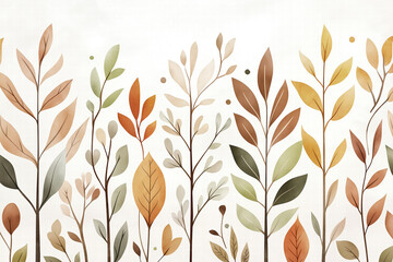 Abstract foliage illustration featuring autumn leaves, branches, and plants in earthy colors. Ideal for backgrounds