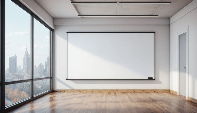 Modern classroom interior with panoramic window and city view, empty white board and wooden floor. Education concept. 