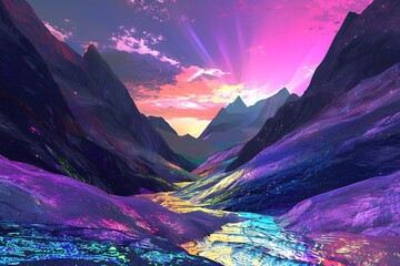 Vibrant digital painting of a mountain valley at sunset. Irridescent colors paint the peaks and river. A surreal, dreamlike scene.