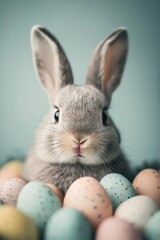 Cute rabbit with colorful Easter eggs, soft focus on foreground. Bunny sitting among pastel eggs. Spring theme