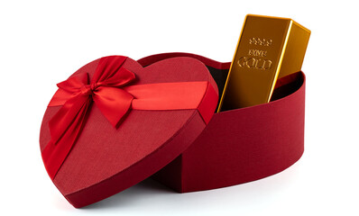 Gold bar and gift box in the shape of a person's heart symbol on a white background