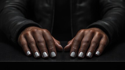 Glossy white nail polish on man's hands resting on a sleek black surface