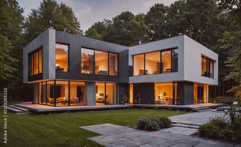 Aufkleber a large house with a lot of windows and a large lawn. the house is surrounded by trees and has a bri