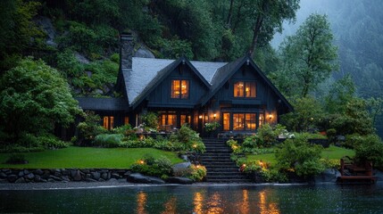 Fototapeta premium Lakeside cabin at dusk, rain, lush greenery, cozy interior lights. Perfect for real estate ads